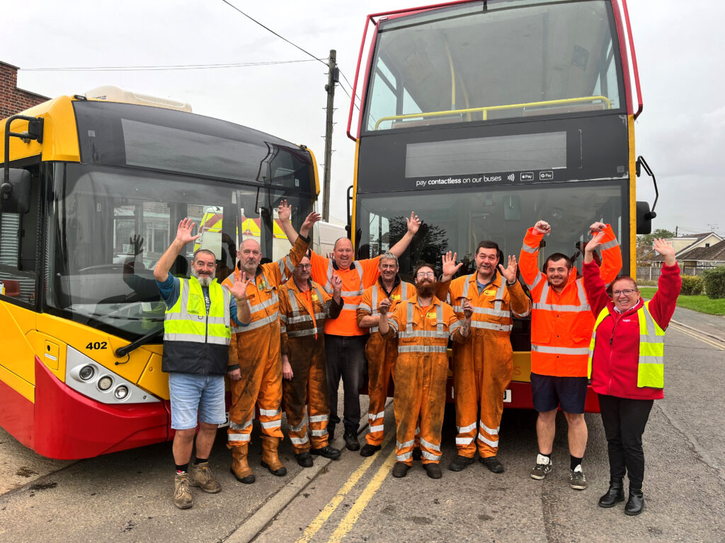  Employees at NIBS Buses in Wickford celebrate the news of the EOT sale